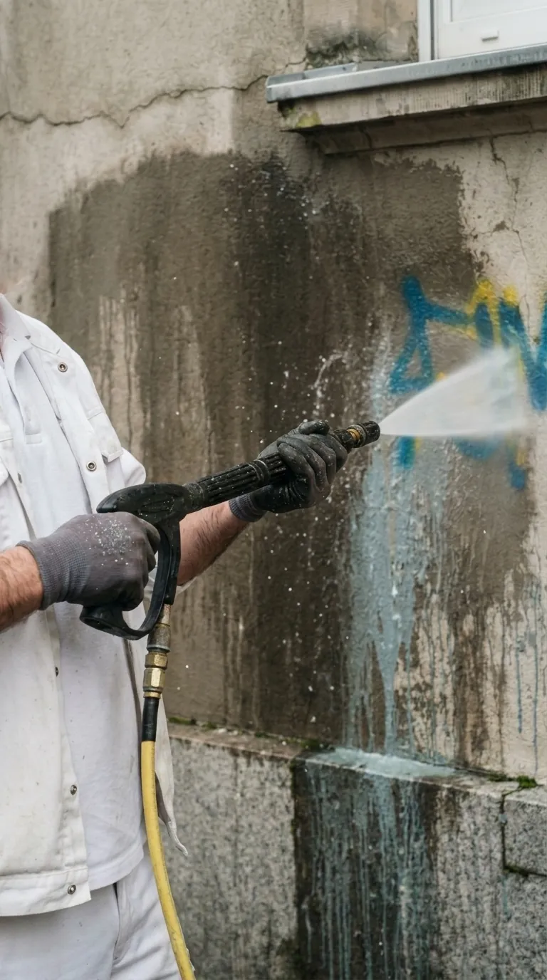Reinigung einer Betonwand mit dem Hochdruckreiniger